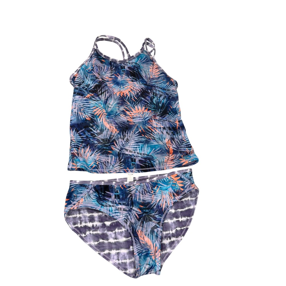 Athleta Girl Tropics Tie Dye Tankini Set Blue Orange Palm Reversible Bottom L 12